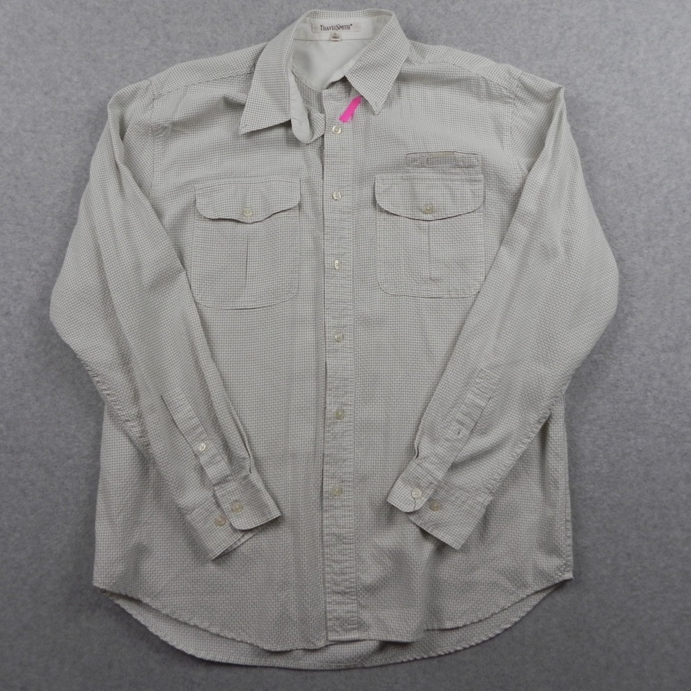 TravelSmith Shirt Mens Large Utility Flap Pocket Button Up White Long Sleeve